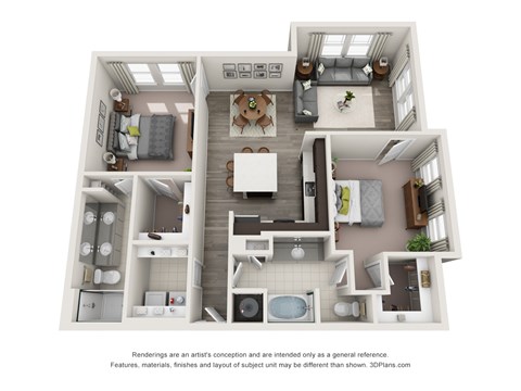 A 3D floor plan of a house with a kitchen, living room, and bathrooms.